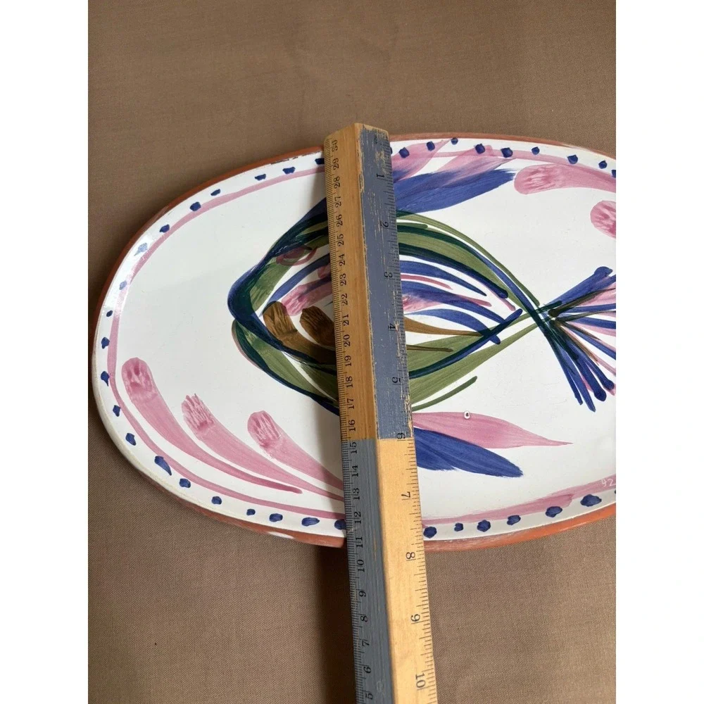 Hand Painted Italian Plate w Fish Blue Pink Green Brown 12